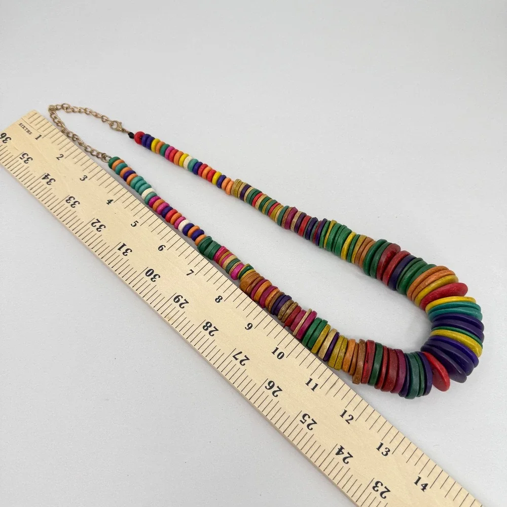 Multicolor Chunky Wood Disc‎ Bead Statement Necklace Rainbow Boho Adjustable